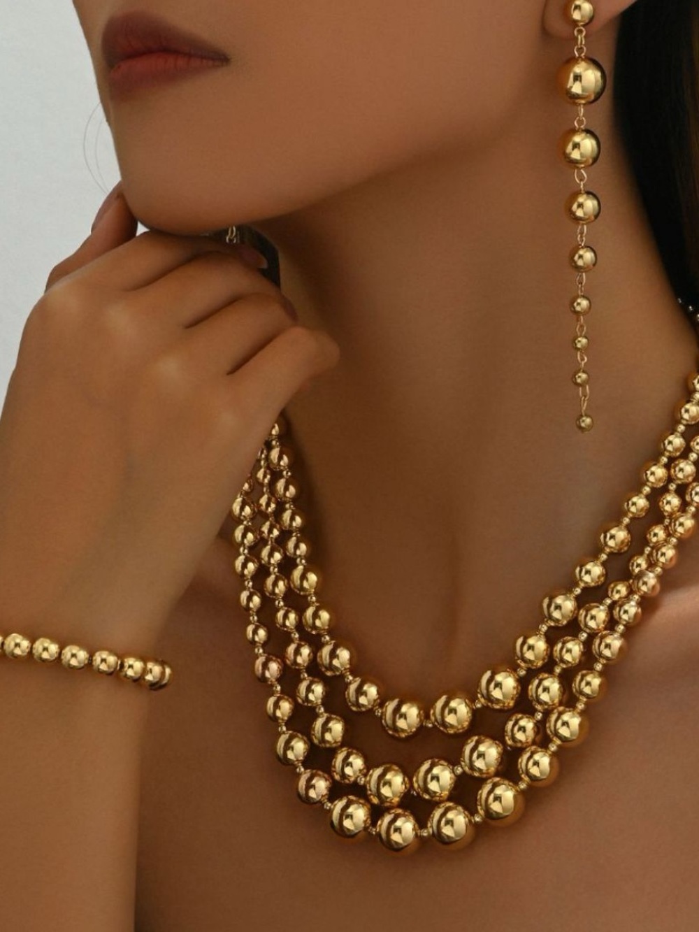 18K Gold Plated Stainless Steel Layered Bead Necklace Bracelet Earrings Set